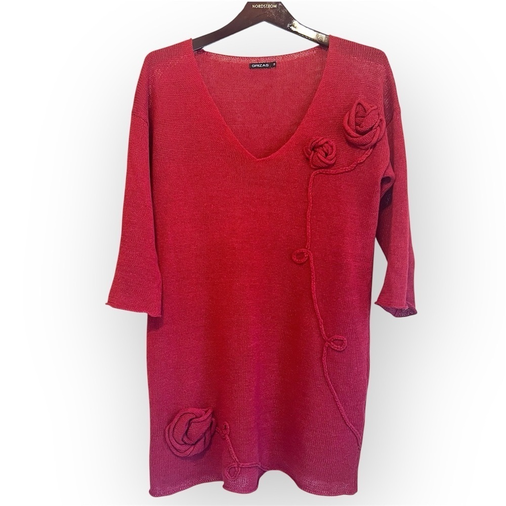 Grizas 100%Linen knit tunic sweater, loose knit, roses appliquee, 3/4 sleeves, M